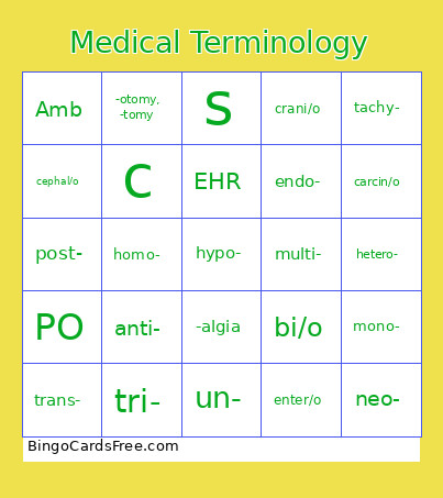 Medical Terminology Bingo Card