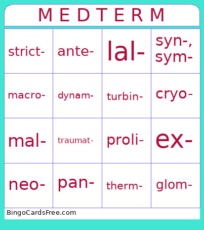 Medical Terms Bingo Card