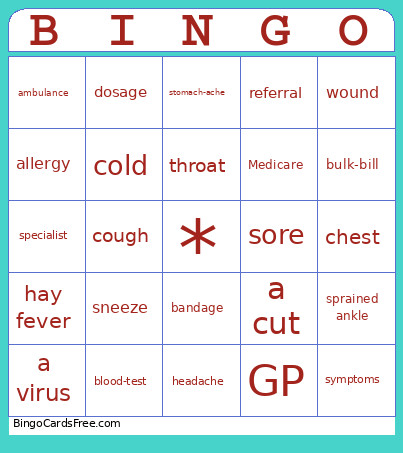 Medical Words Bingo Card