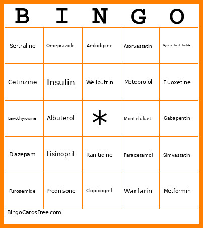 Medication Bingo Card