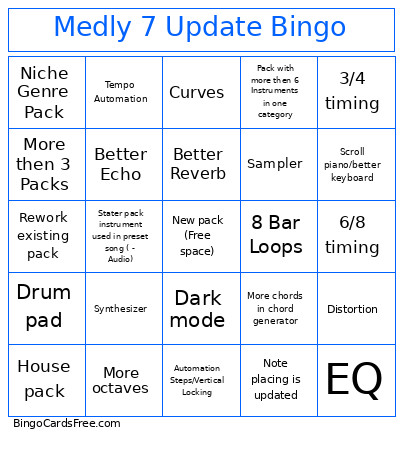 Medly 7 Update Bingo Card