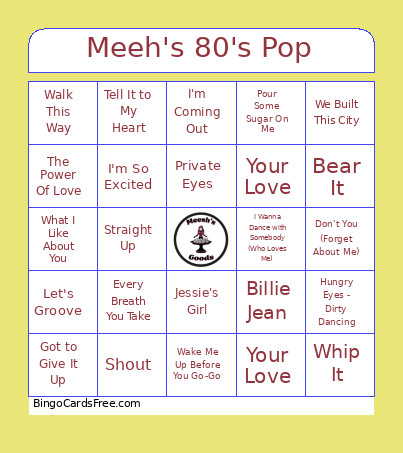 Meeh's 80's Pop Bingo Card