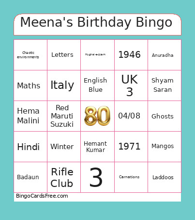 Meena's Birthday Bingo Card