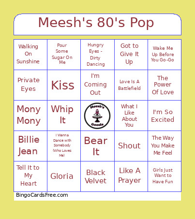 Meesh's 80's Pop Bingo Card