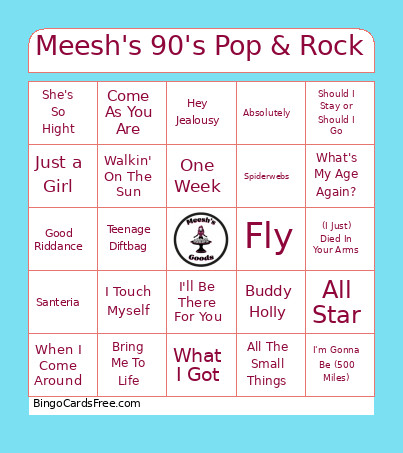 Meesh's 90's Pop & Rock Bingo Card