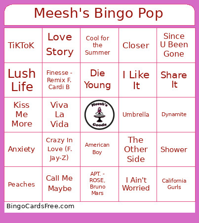 Meesh's Pop Bingo Card