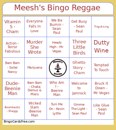 Meesh's Reggae Bingo Card