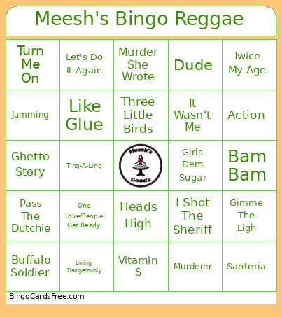 Meesh's Reggae Bingo Card