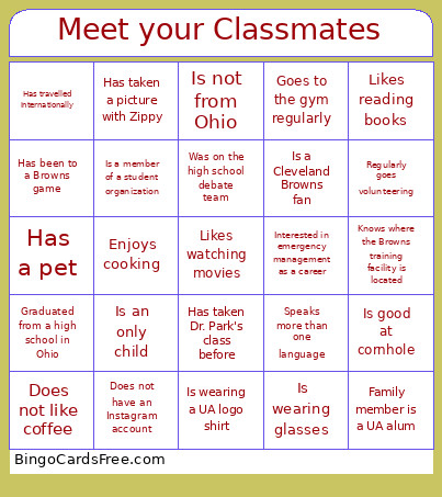 Meet Your Classmates Bingo Card