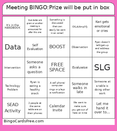 Meeting :Prize Will Be Put In Box Bingo Card