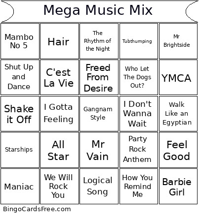 Mega Music Mix Bingo Card