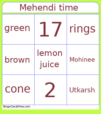 Mehendi Time Bingo Card