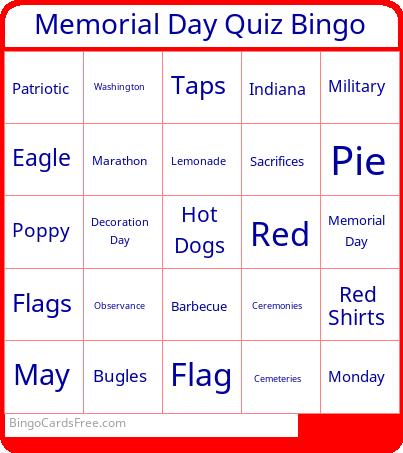 Memorial Day Quiz Bingo Cards Free Pdf Printable Game, Title: Memorial Day Quiz Bingo
