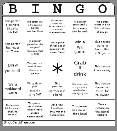 Memories Bingo Card