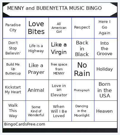 MENNY And BUBENYETTA MUSIC Bingo Card