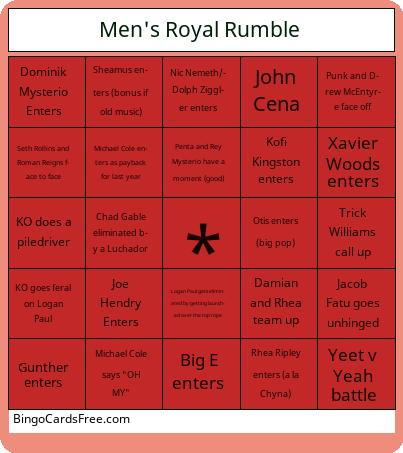 Men's Royal Rumble 2025 Bingo Cards Free Pdf Printable Game, Title: Men's Royal Rumble