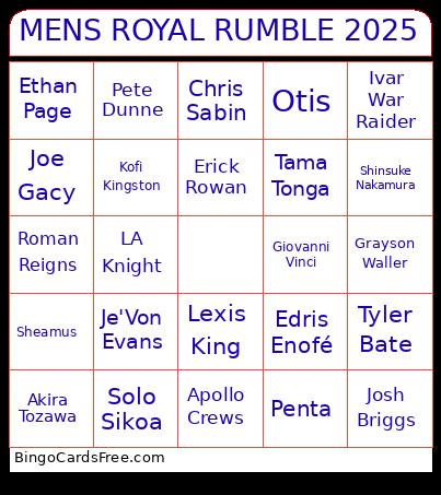 MENS ROYAL RUMBLE 2025 Bingo Cards Free Pdf Printable Game, Title: MENS ROYAL RUMBLE 2025