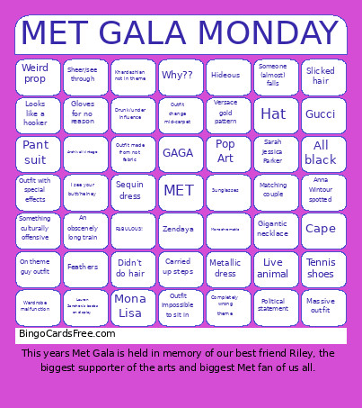 MET GALA MONDAY Bingo Card