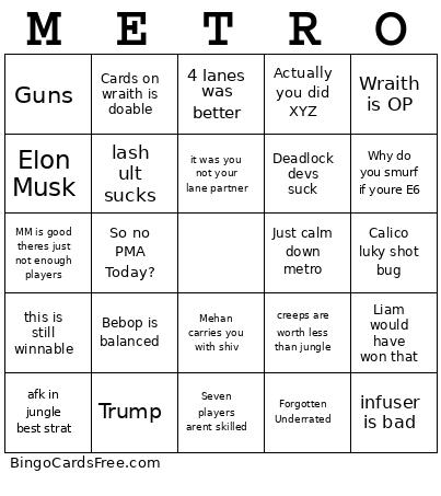 Metro Ragebait Bingo Card