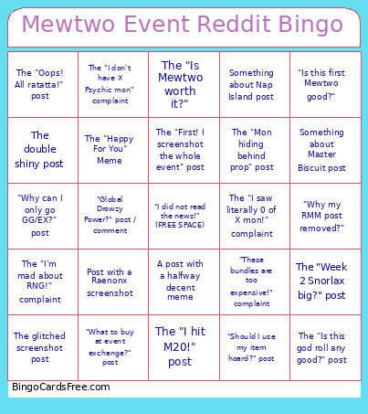Mewtwo Event Reddit Bingo Card