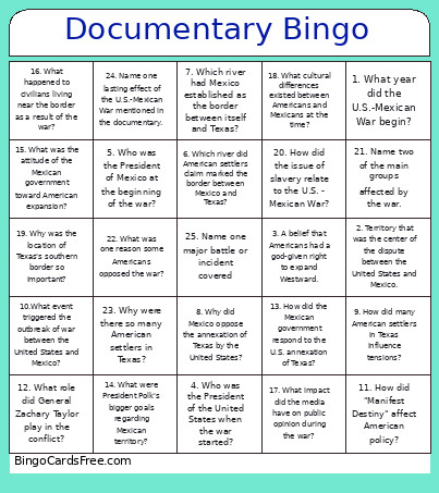 Mexican-American War Bingo Card