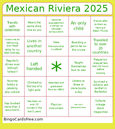 Mexican Riviera 2025 Bingo Card