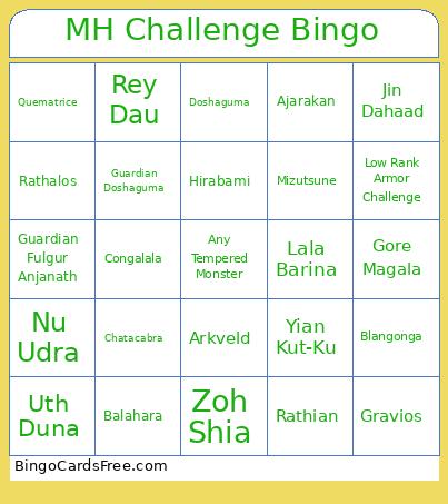 MH Challenge Bingo Card