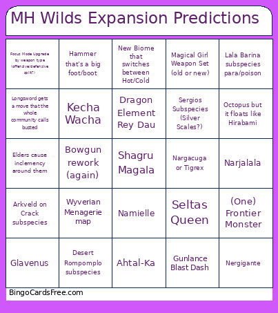 MH Wilds Expansion Predictions Bingo Card