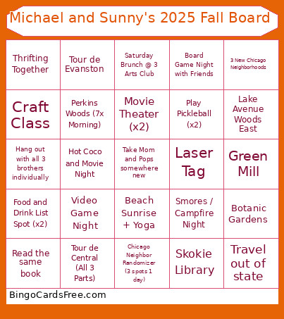 Michael And Sunny's 2025 Fall Board Bingo Card