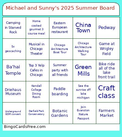 Michael and Sunny's 2025 Summer Board Bingo