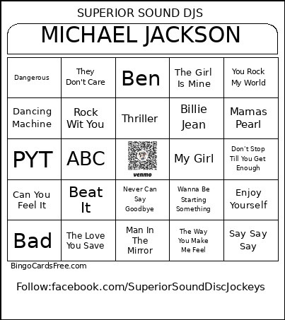 Michael Jackson Bingo Card