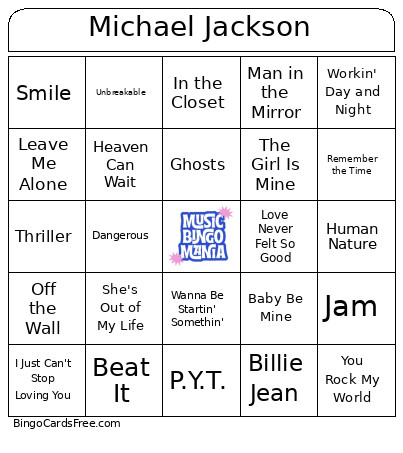 Michael Jackson Bingo Card