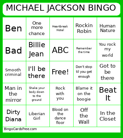 MICHAEL JACKSON Bingo Card