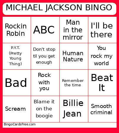 MICHAEL JACKSON Bingo Card