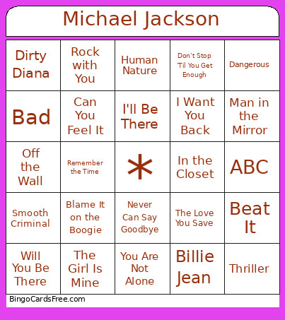 Michael Jackson Music Bingo Card
