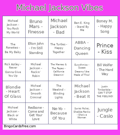 Michael Jackson Vibes Bingo Card
