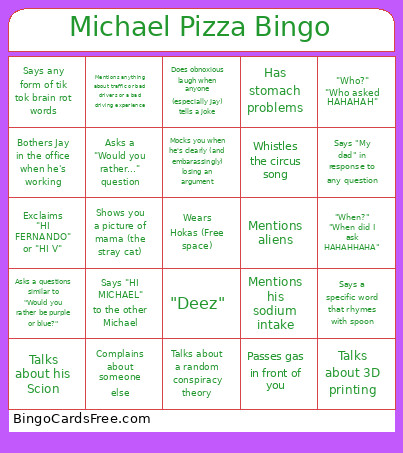 Michael Pizza Bingo Card