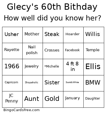 Michelle’s 60th Birthday Bingo Card