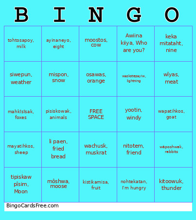 Michif Bingo Card