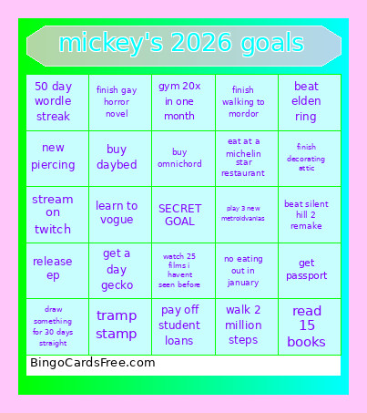 Mickey's 2026 Goals Bingo Card