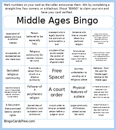 Middle Ages Bingo Card