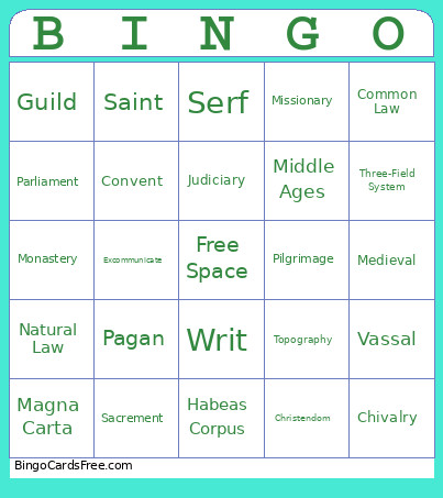 Middle Ages Vocab Bingo Card