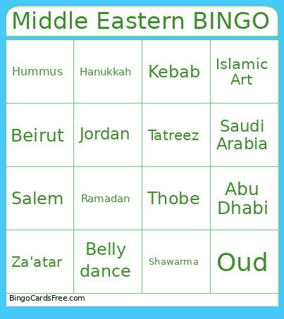Middle Eastern Bingo Card