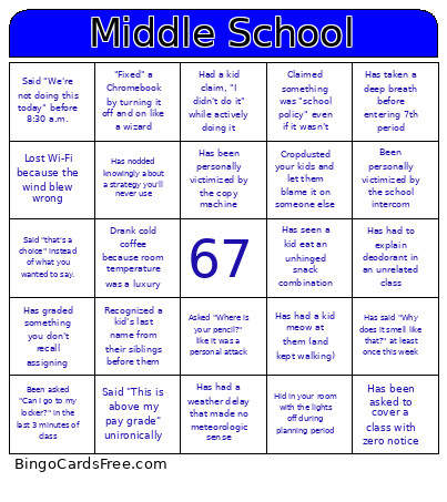 Middle School Bingo Card