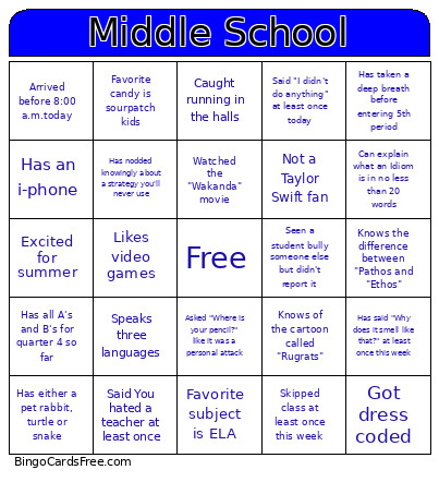 Middle School Bingo Card