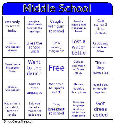 Middle School Bingo Card
