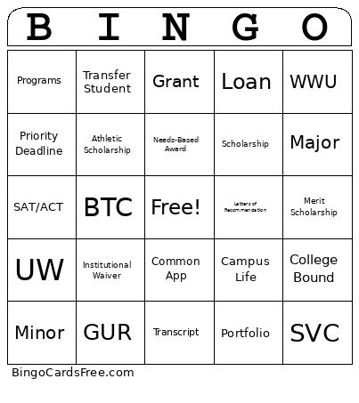 Middle School Bingo Card