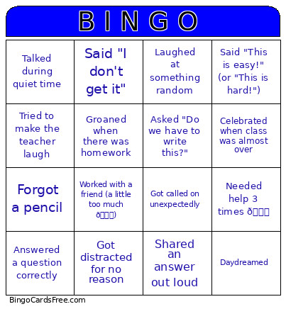 Middle School Bingo Card