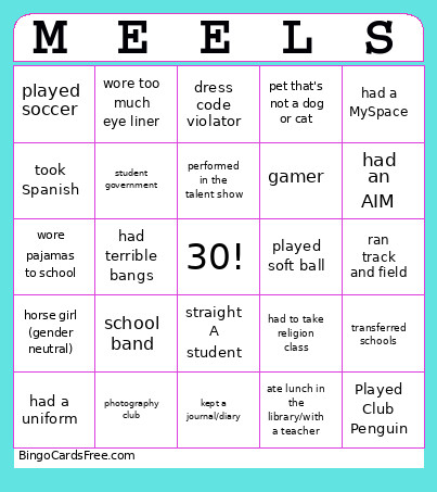 Middle School Throw Back Bingo Card