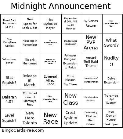 Midnight Announcement Bingo Card